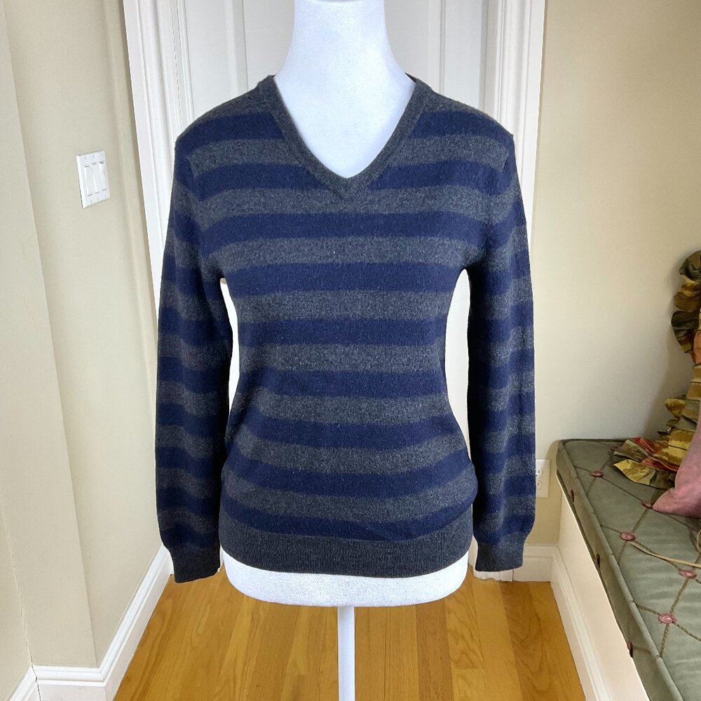 J. Crew Gray and Blue Striped V-Neck Sweater